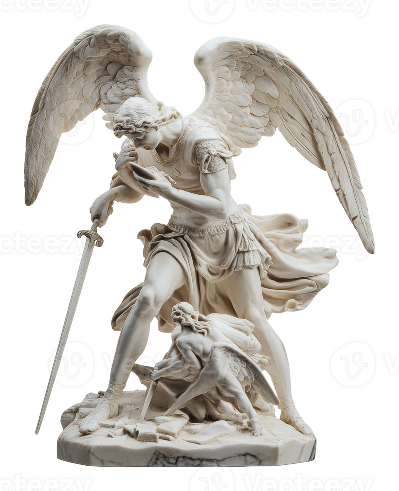 Angel statue defeating darkness with sword in hand png