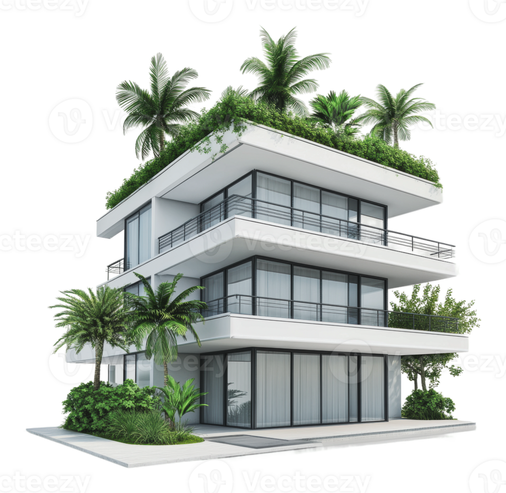 Modern tropical building with green roof png