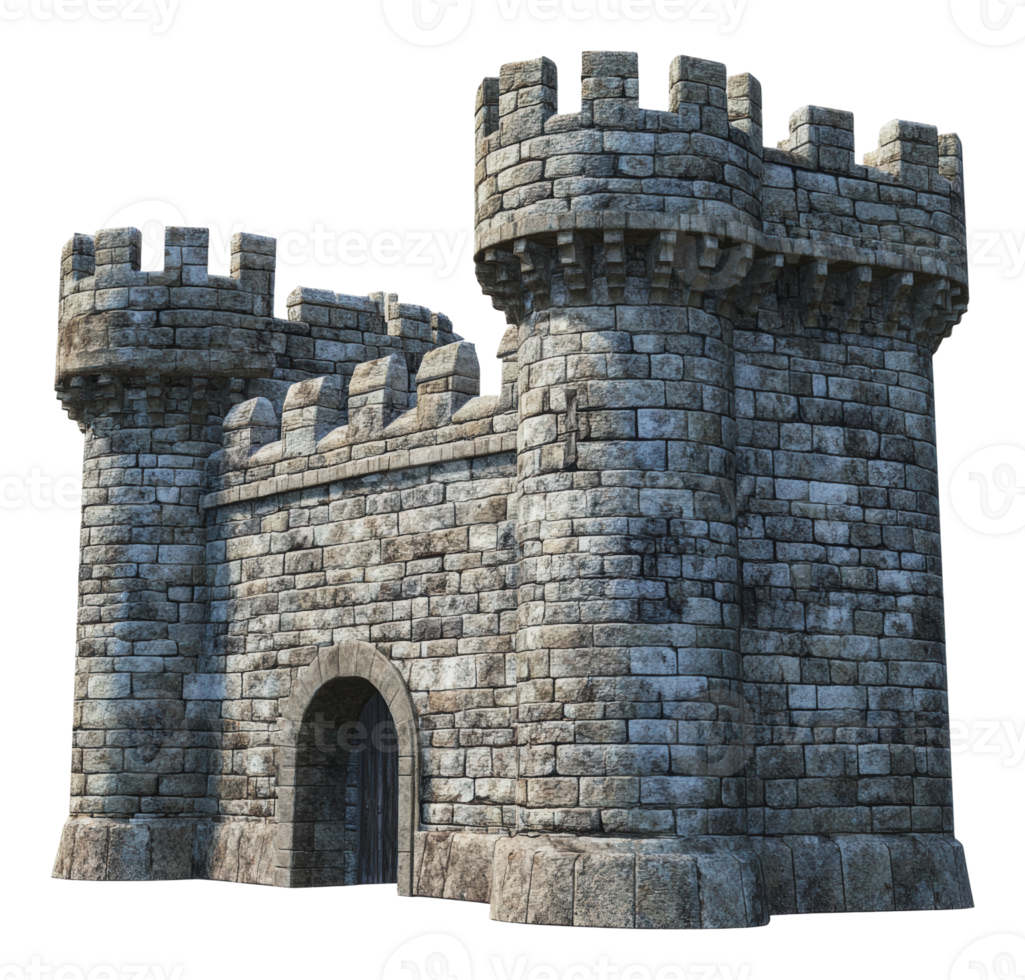 Medieval stone castle with turrets and an archway png