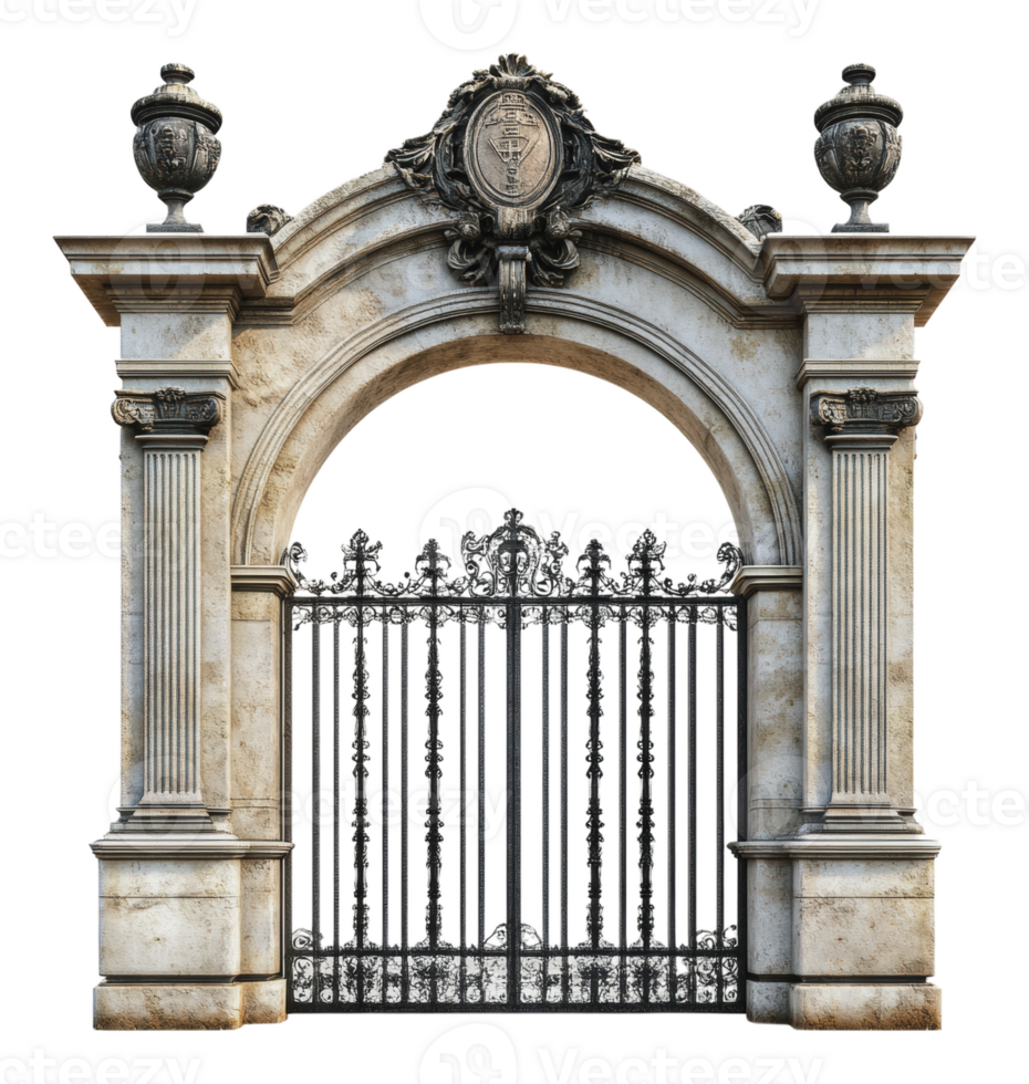 Elegant stone archway with wrought iron gate png