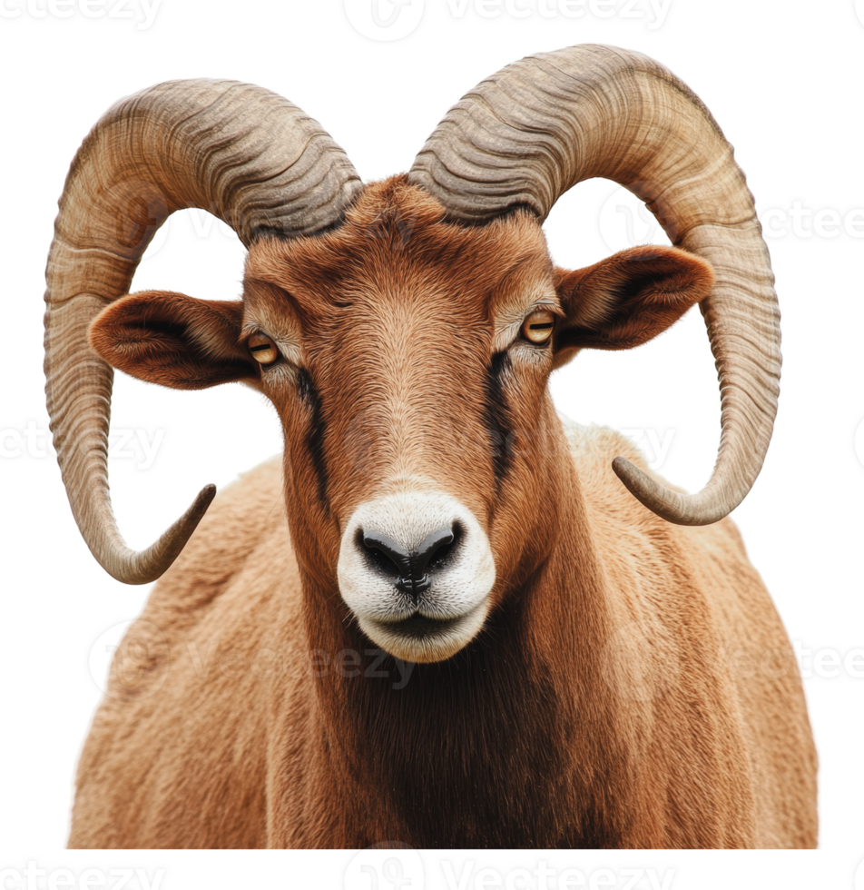 Close-up of a ram with impressive curved horns png