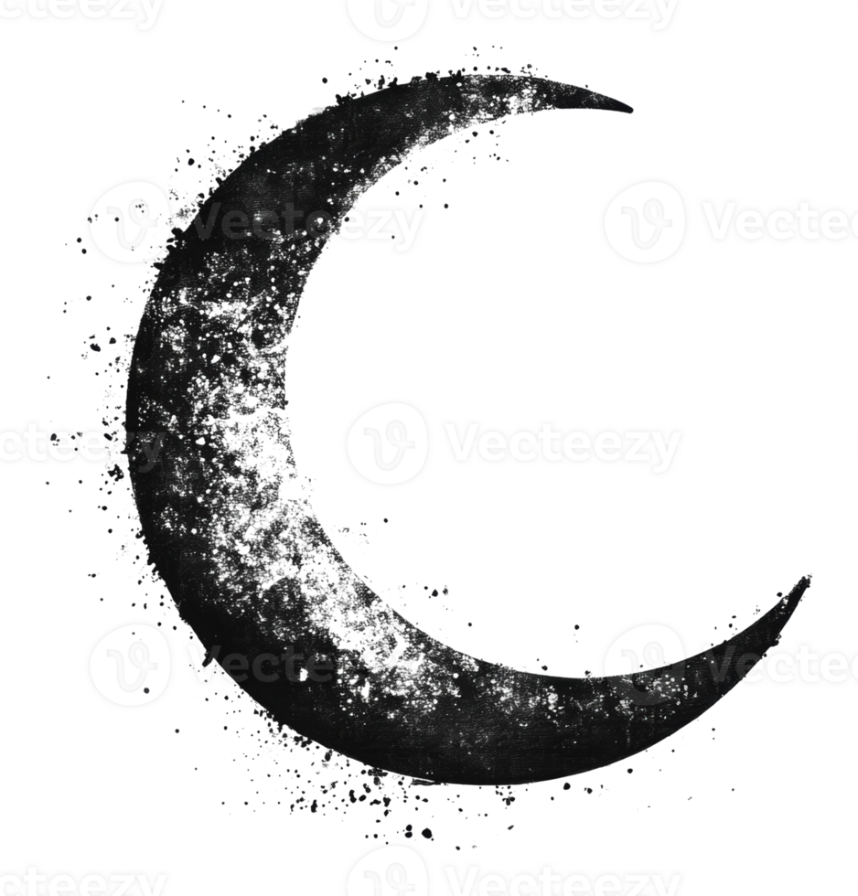 Artistic black crescent moon with splatter effect png