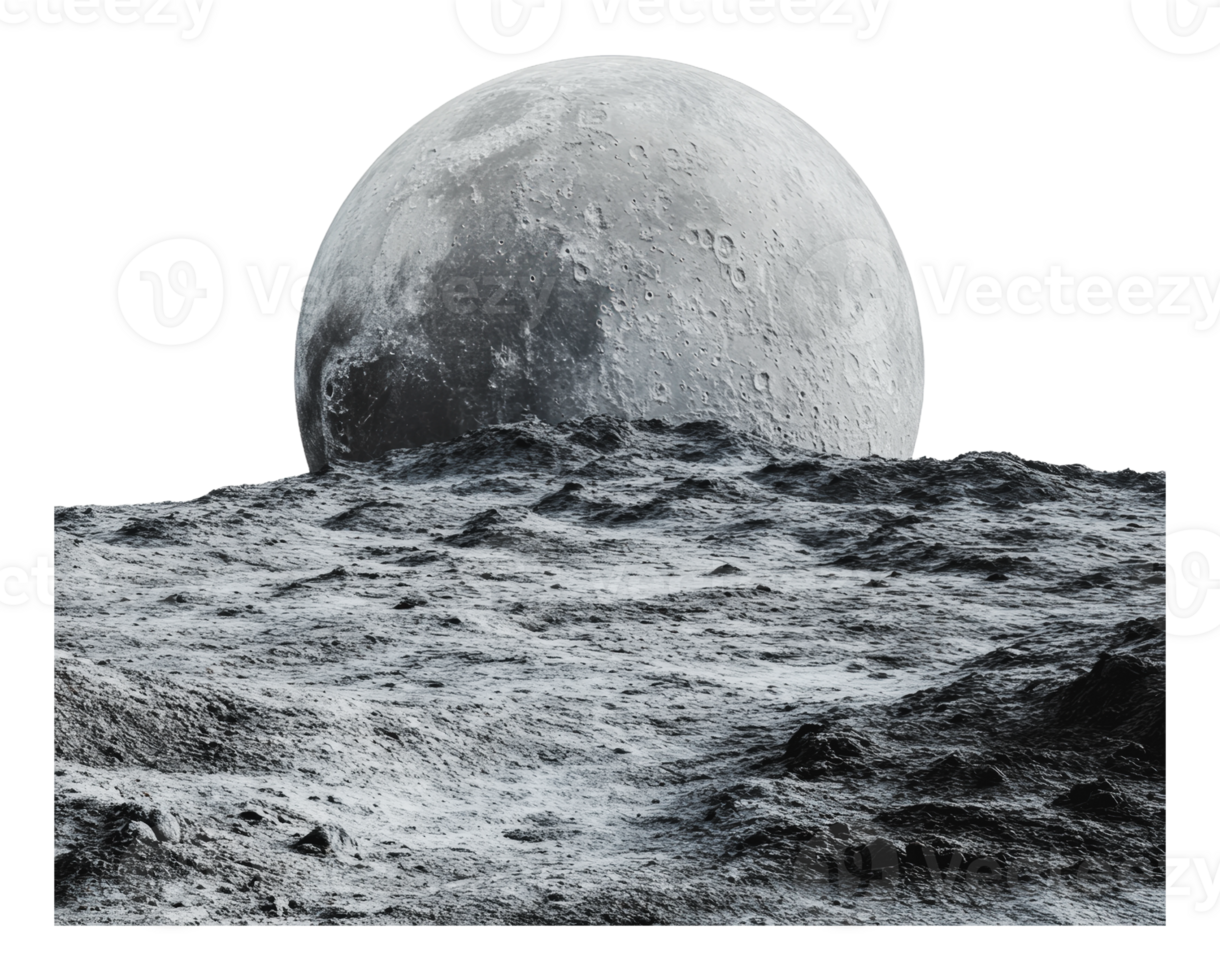 Moonrise over a rocky lunar landscape at dusk png