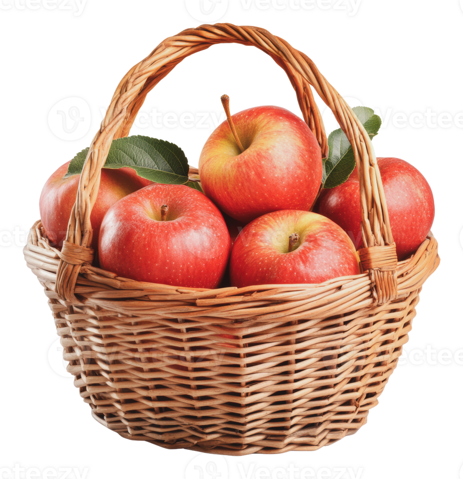 Fresh red apples in a woven basket on display png
