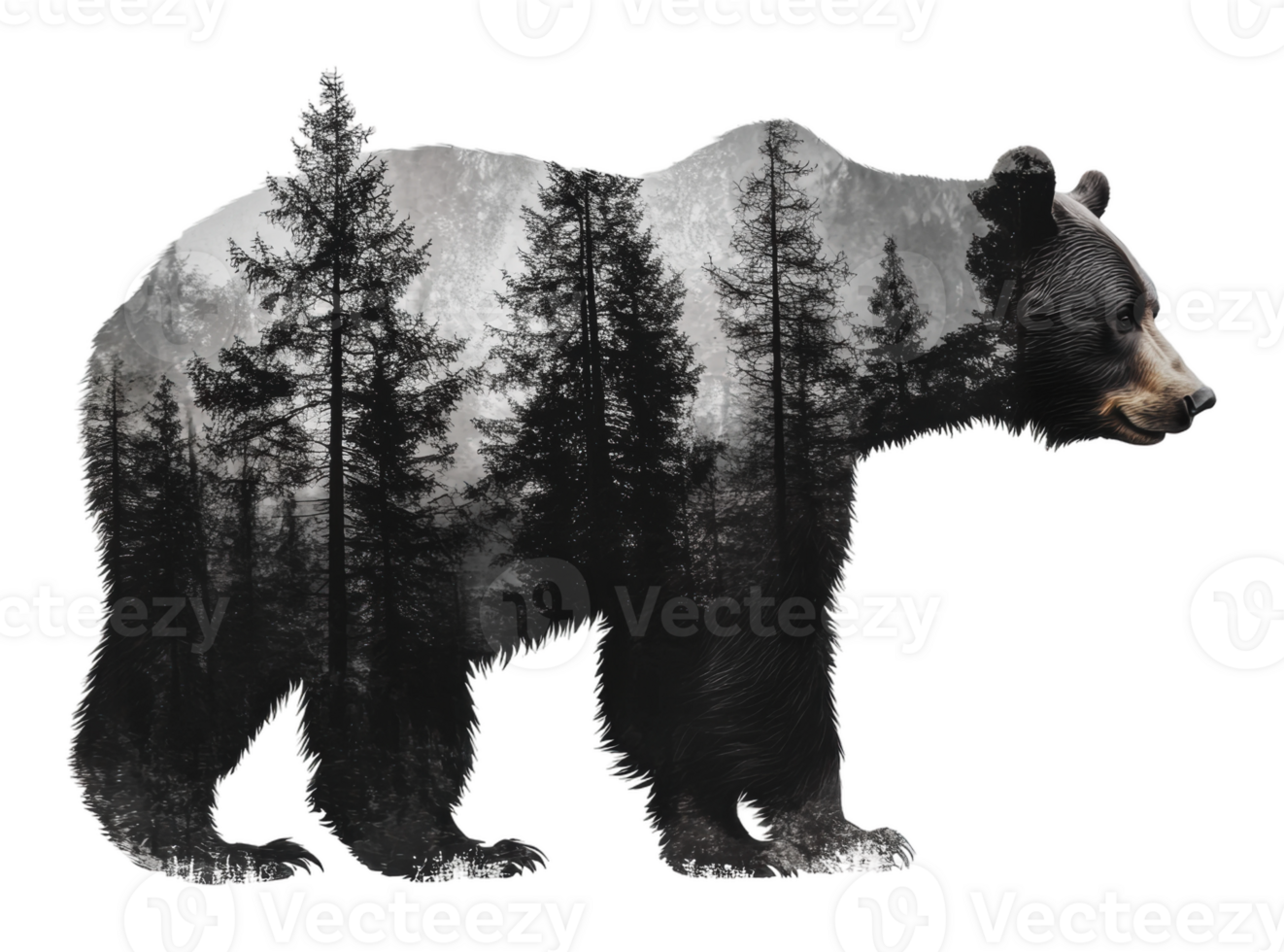 Bear silhouette with forest backdrop png