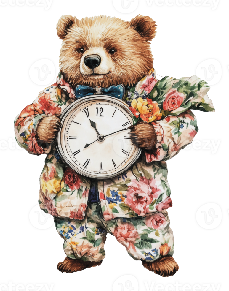 Bear in flowers with a tea time clock png