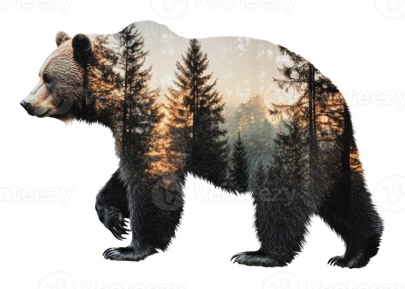 Bear silhouette with forest landscape at sunset png