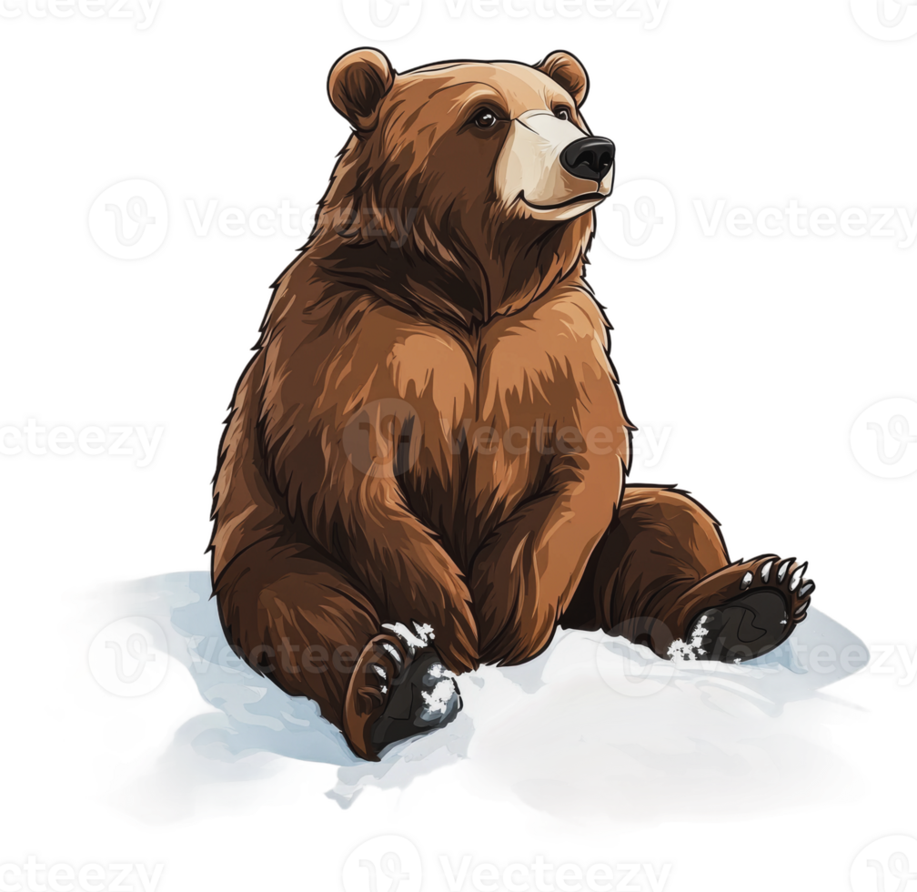 A brown bear sitting quietly on a snowy ground png