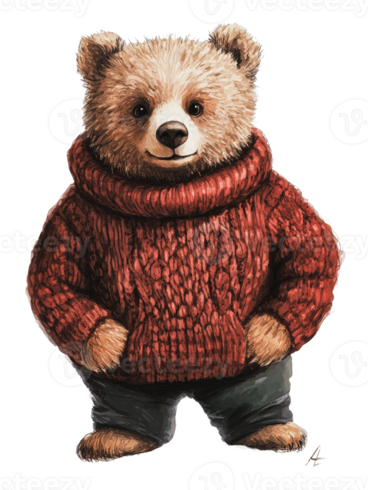 Cute bear character wearing a cozy red sweater png