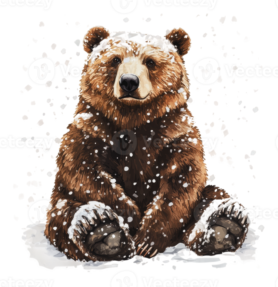 Bear sitting in the snow during winter snowfall png