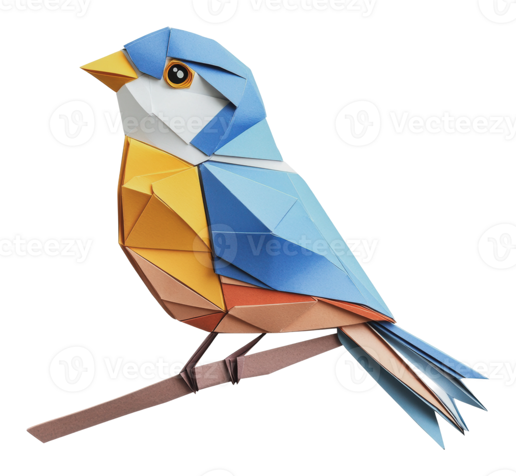 Colorful origami bird on a branch made from paper png