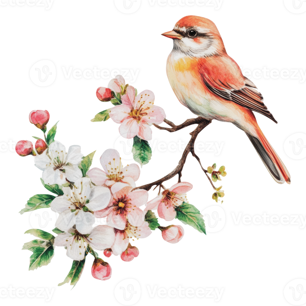 Colorful bird on cherry blossoms png