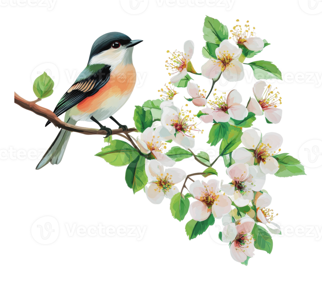 Colorful bird perched on a branch with blossoms png