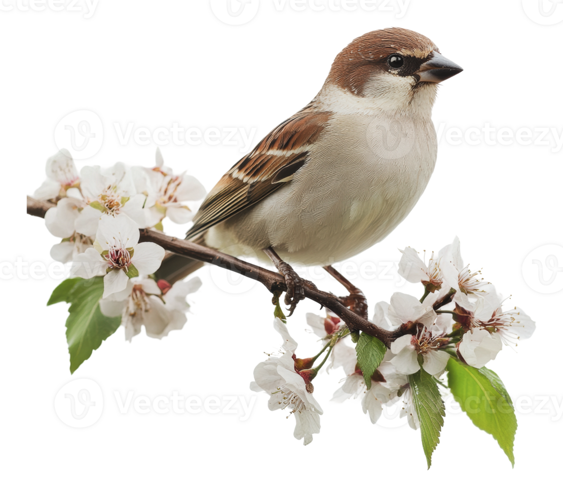 Sparrow perched on a blossoming branch in spring png