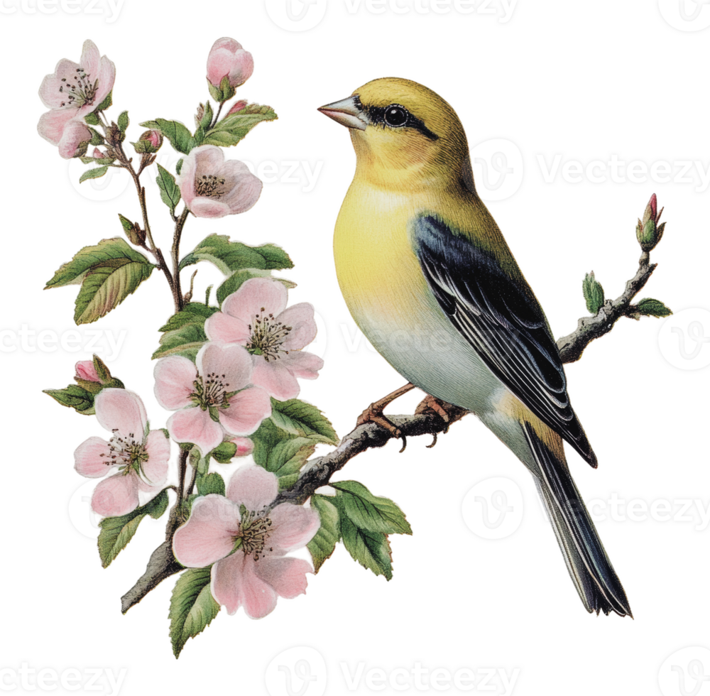 Yellow bird perched on a branch with pink blossoms png