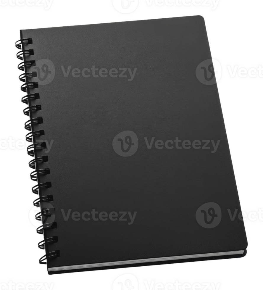 A black spiral notebook placed on a white surface png
