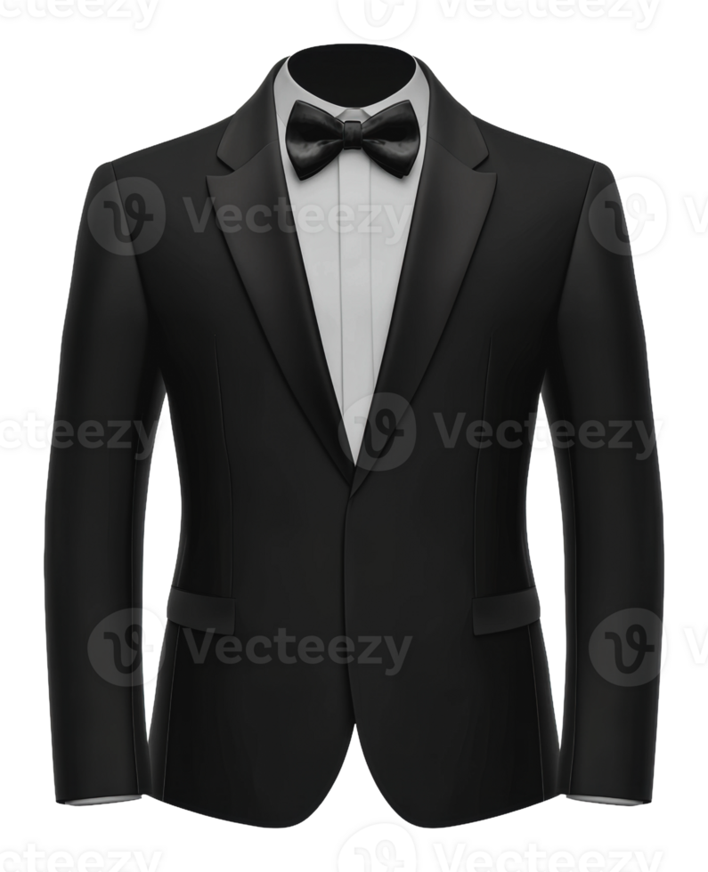 Elegant black tuxedo with bow tie on display png