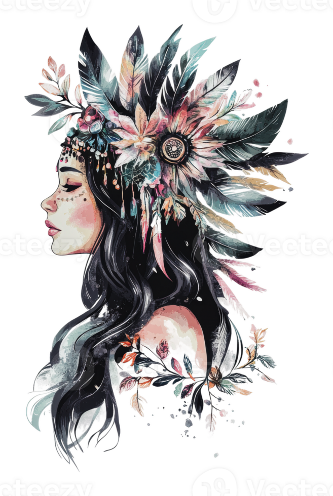 Vibrant portrait of a woman with feathers png