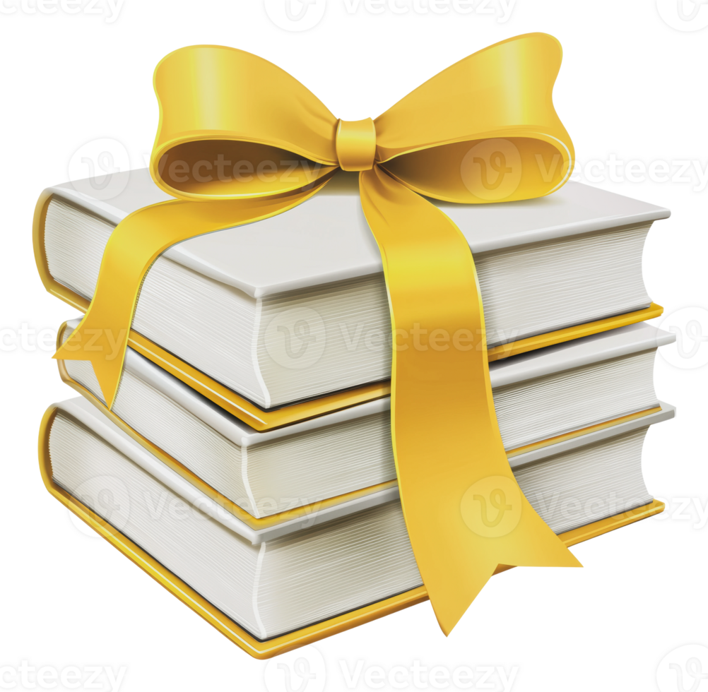 Stacked books with a golden ribbon as a gift png