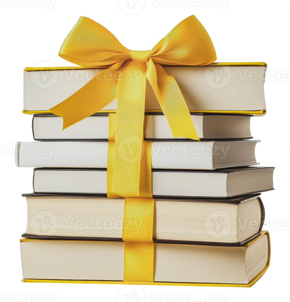 Stack of gift-wrapped books with a yellow ribbon png