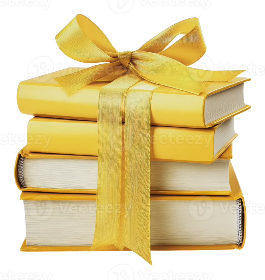 Colorful stack of yellow books tied with a ribbon png