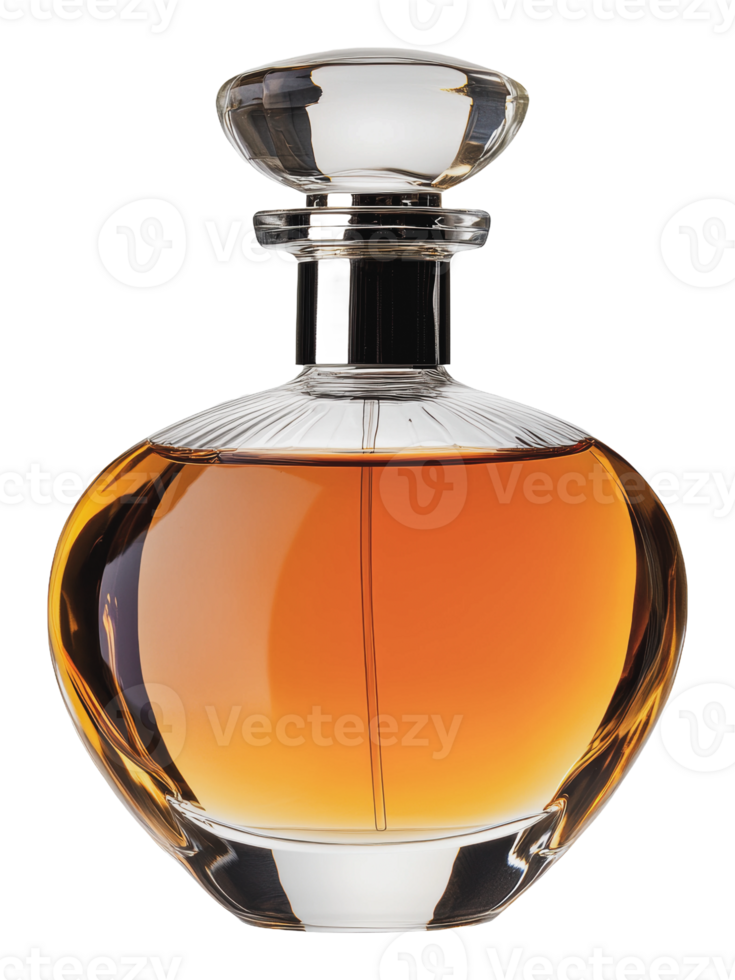 Amber liquid in an elegant glass bottle png