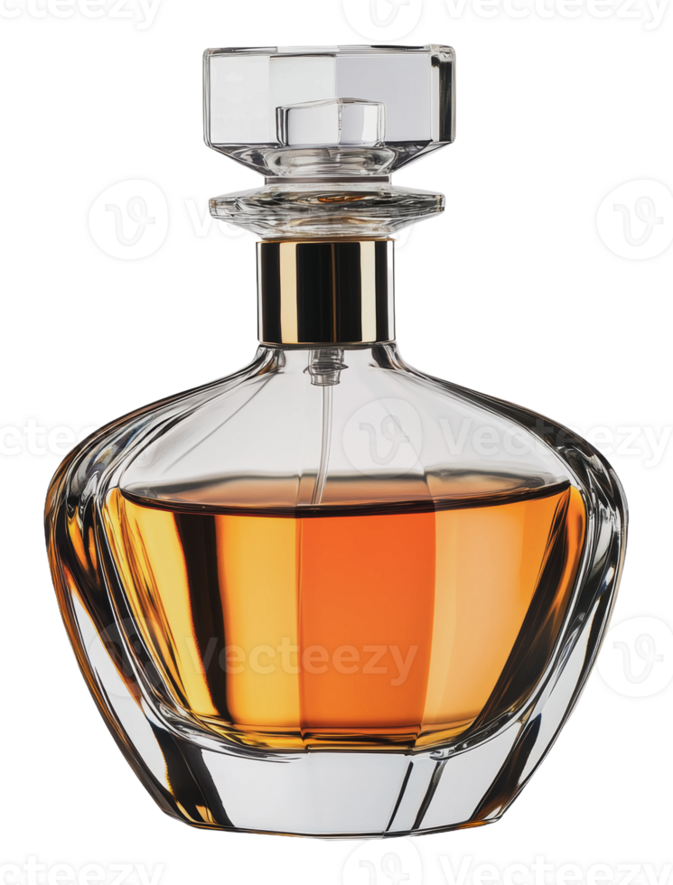 Elegant glass bottle with gold perfume png