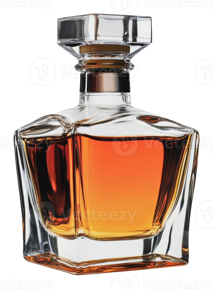 Elegant crystal decanter filled with amber liquid png