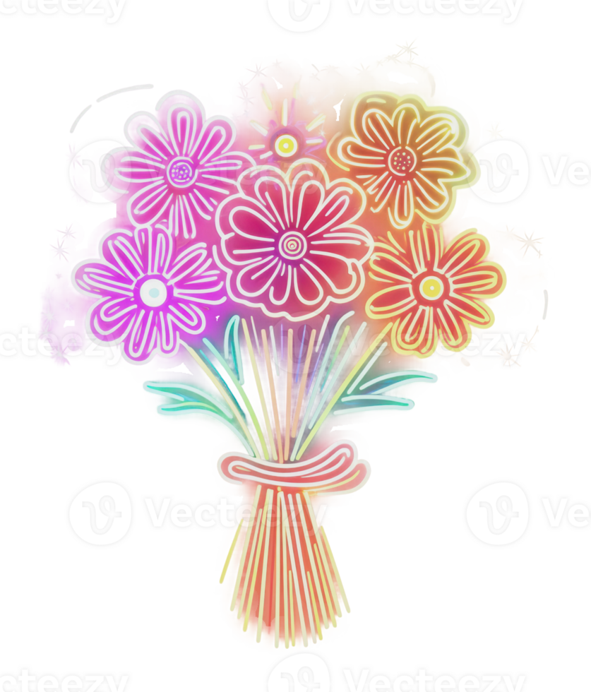 Colorful bouquet of flowers with neon outlines png