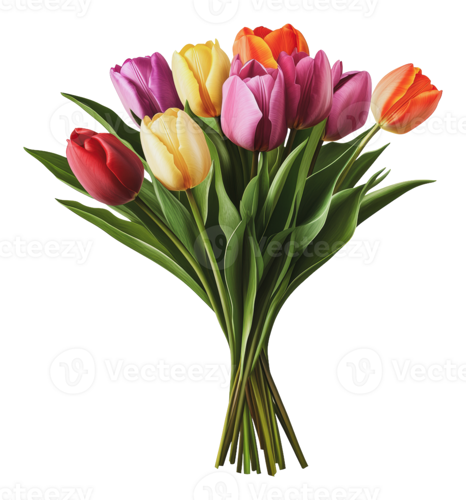 Colorful tulips arranged in a vibrant bouquet png