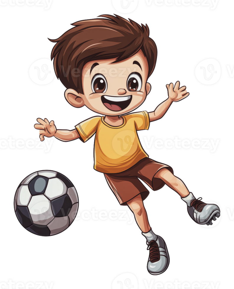 Young boy kicking a soccer ball in playful action png