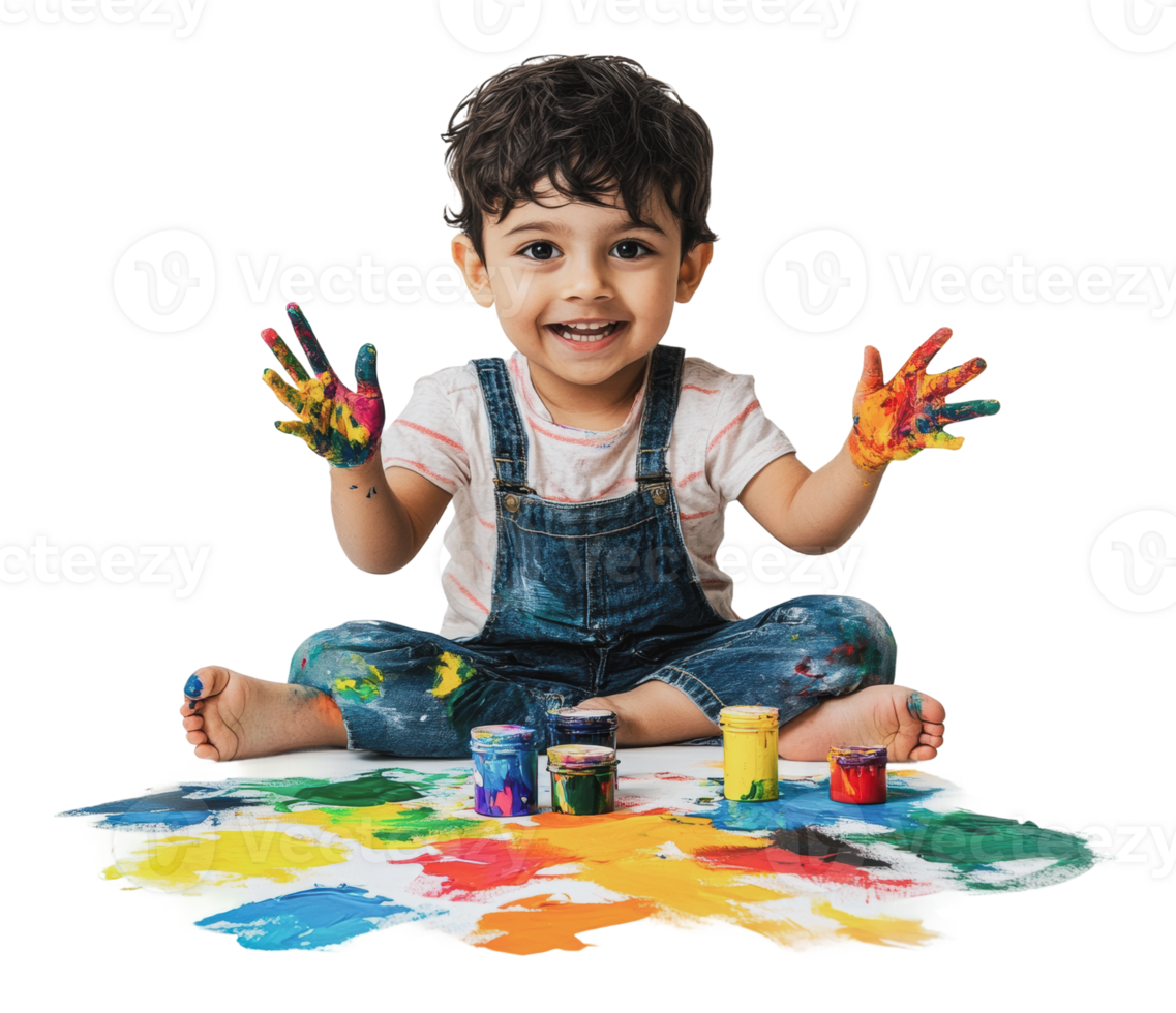 Young child joyfully painting with colorful hands png