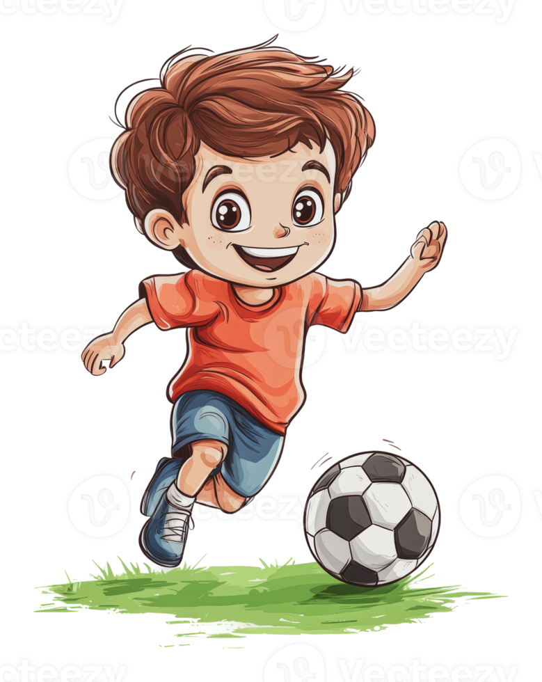 Young boy running after a soccer ball outdoors png