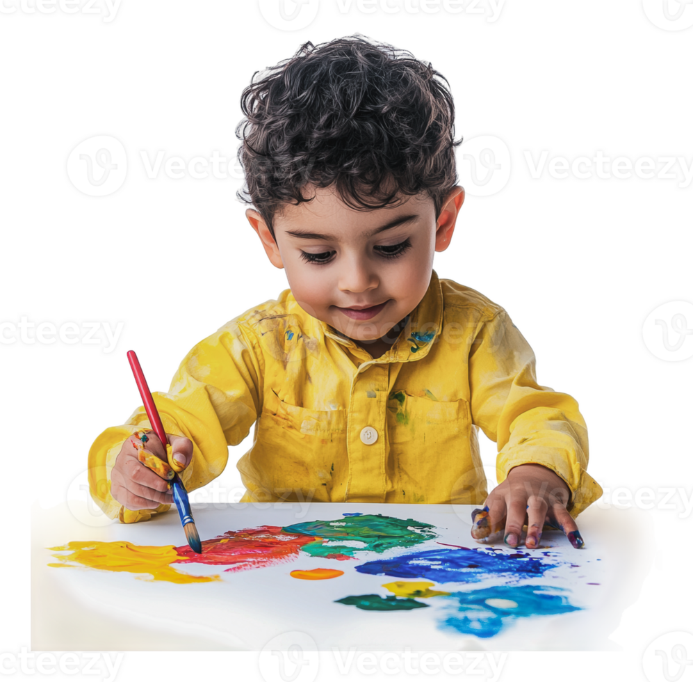 Child creating art with colorful paints in studio png