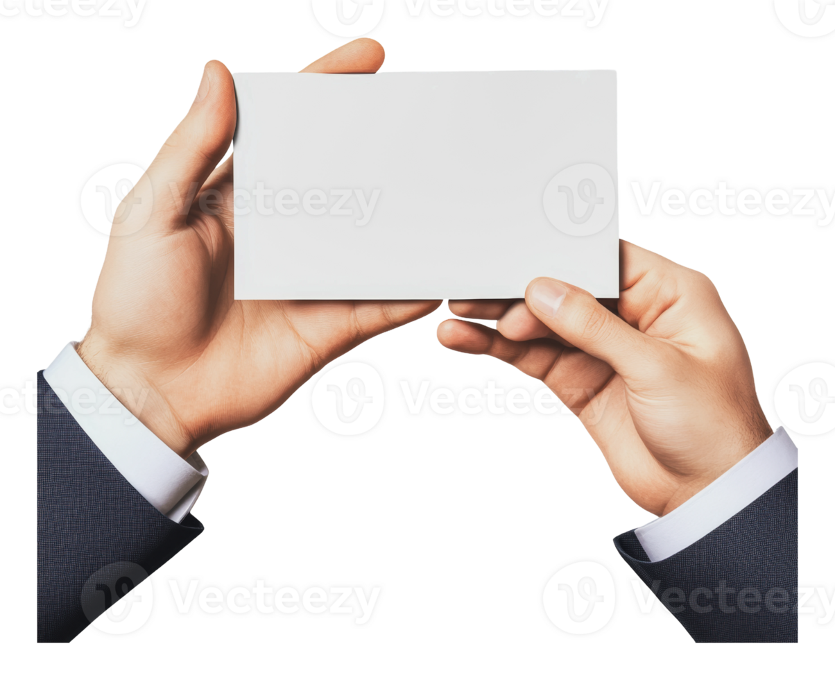 Hands holding a blank card while wearing a suit png