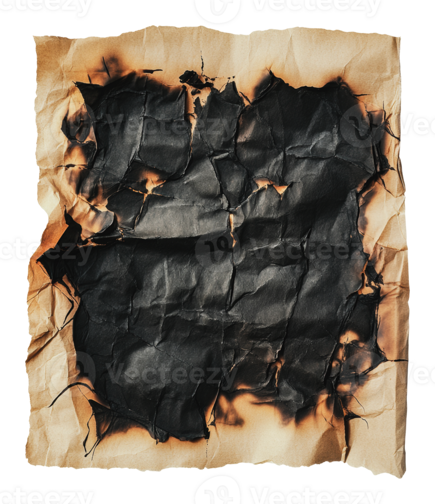 Charred and crumpled paper with burn marks png