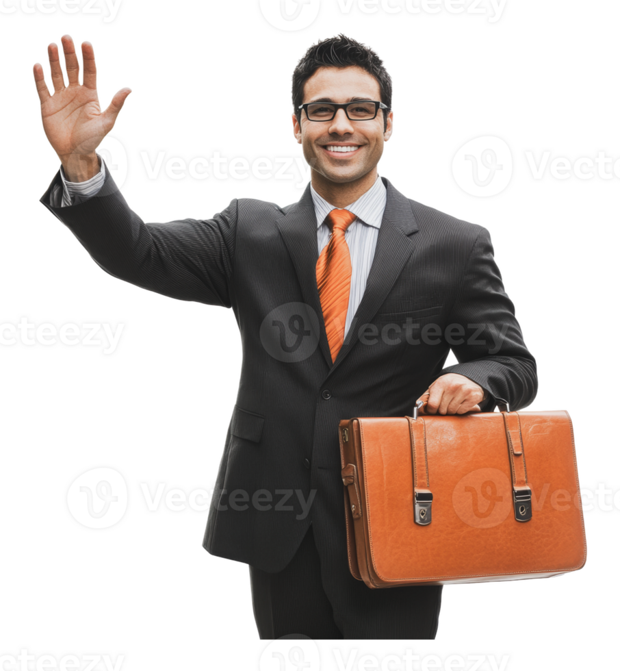 Professional man greeting with briefcase in hand png