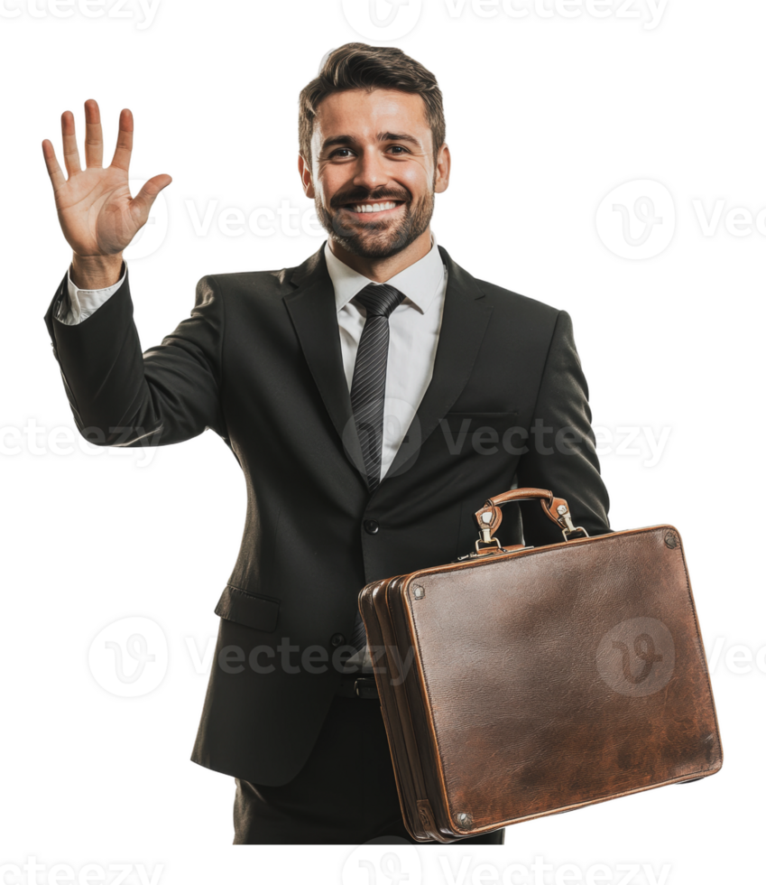 Businessman greeting with a briefcase in hand png