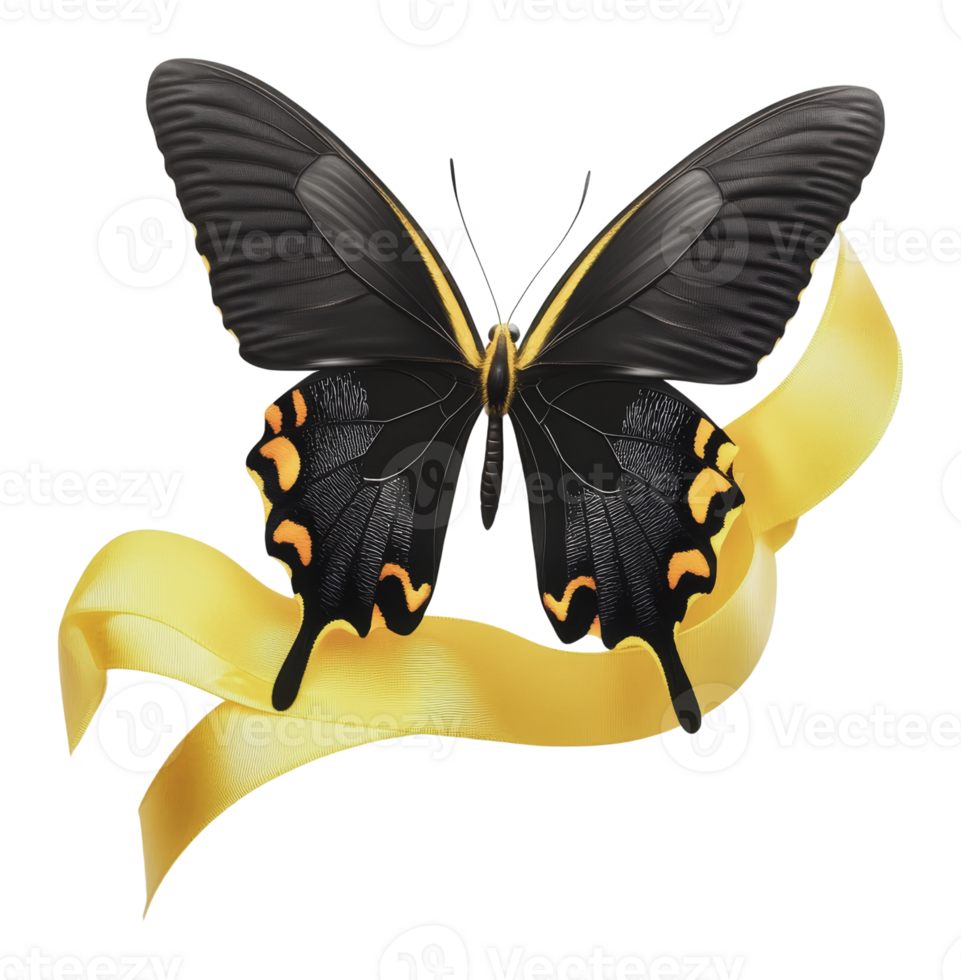 Vibrant black butterfly with yellow ribbon design png