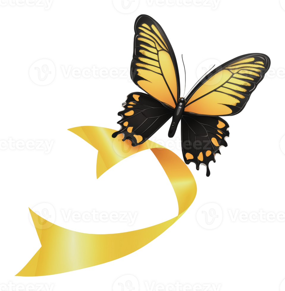 Yellow butterfly flying alongside a golden ribbon png