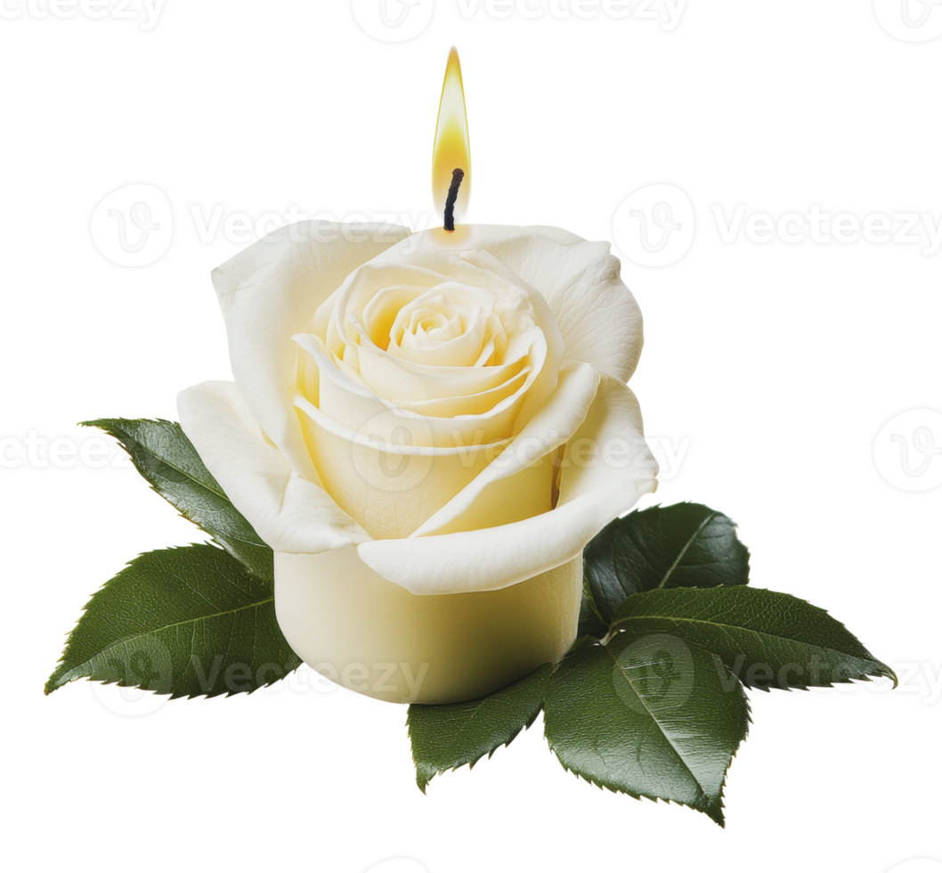 A white rose candle resting on green leaves png