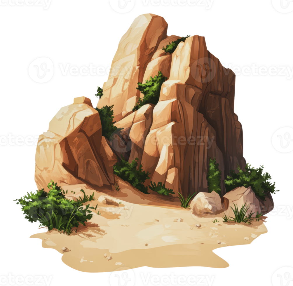 Rocky formation with green plants by day png