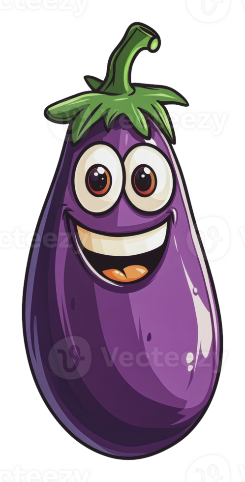 Happy eggplant cartoon character with a smile png