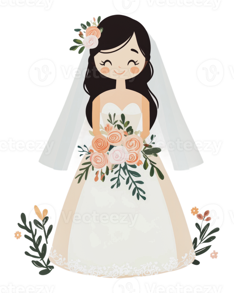 Happy bride in floral wedding dress png