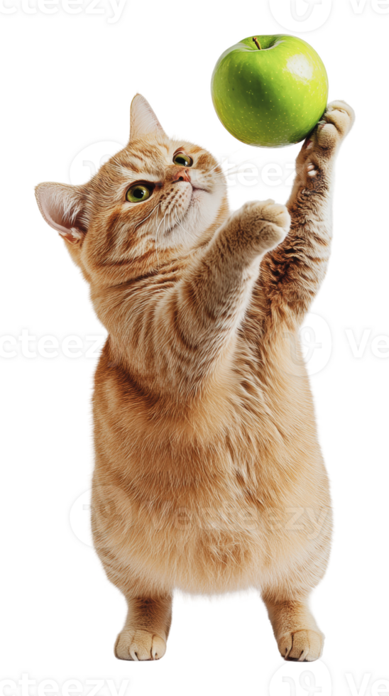 Playful cat reaching for a green apple indoors png