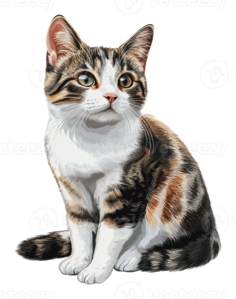 A calico cat sitting gracefully indoors png