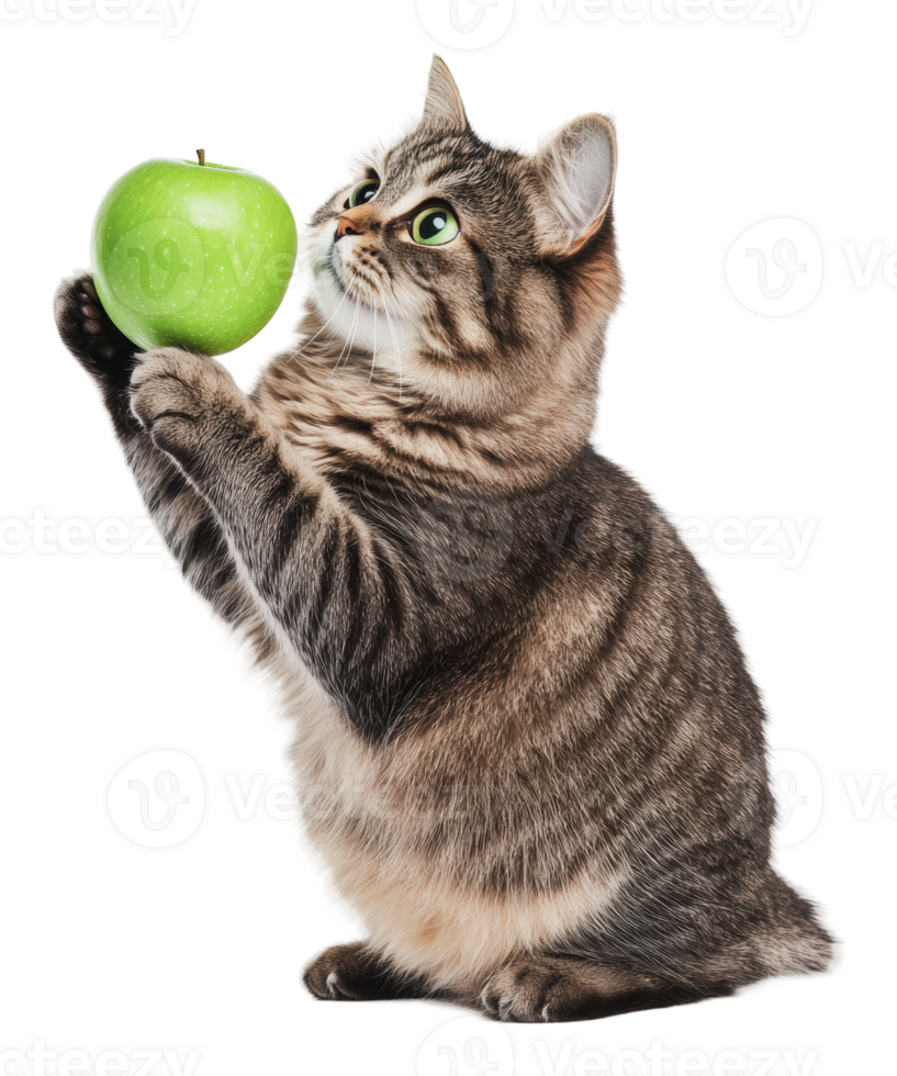 Curious cat holds a green apple in its paws png