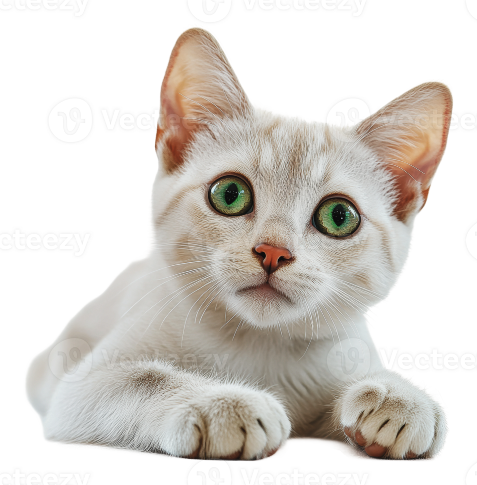 Cute white kitten with green eyes resting quietly png