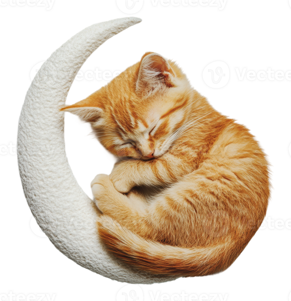 Orange kitten napping on crescent moon png