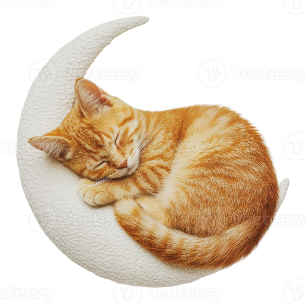 Sleeping orange cat curled up on a crescent moon png